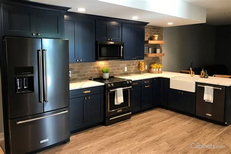 black stainless steel appliances with light blue cabinets|black stainless steel kitchen cabinets.